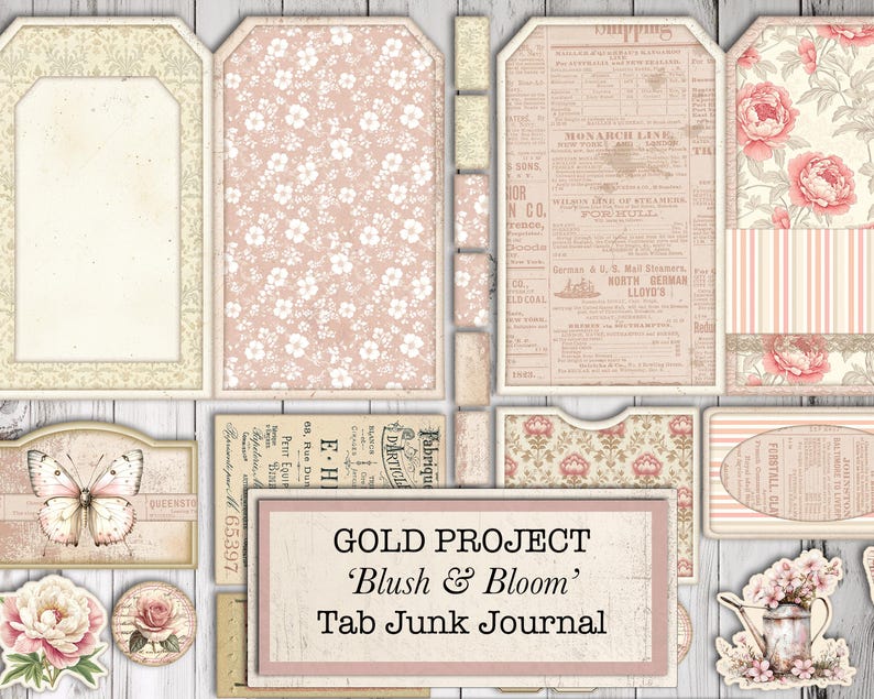 May include: A collection of paper ephemera with a vintage aesthetic. The pieces include tags, labels, and decorative elements in soft pinks, creams, and floral patterns. The text "Blush & Bloom" and "Tab Junk Journal" is visible.