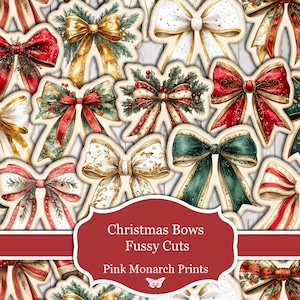 May include: A collection of 16 digital paper images featuring Christmas bows in various colors and patterns. The bows are decorated with glitter, berries, and other festive details. The images are perfect for scrapbooking, card making, and other craft projects.