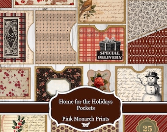 May include: A collage of decorative paper pockets with various patterns and designs. The pockets feature plaid, floral, and musical note patterns, with a snowman illustration and text that reads "Special Delivery" and "Home for the Holidays Pockets".