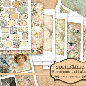 Frühling Umschläge und Etiketten, Junk Journal Kit, Digitales Junk Journal, Printable Ephemera, Journaling Karten, Fancy Label, Umschlag, Frühling