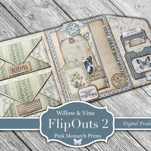 May include: A vintage-style scrapbook layout with a light blue and cream color scheme. The layout features envelopes, tags, and pockets with butterfly and floral accents. The text "Willow & Vine FlipOuts 2" and "Digital Product" are visible.