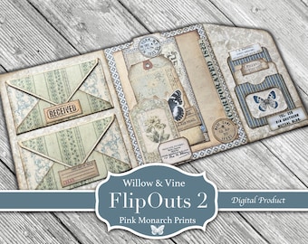 Willow And Vine FlipOuts #2, Junk Journaling Mini Folio, Page Idea, Kit, Pink Monarch Prints, Digital Kit