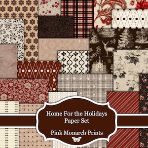 Puede incluir: Un conjunto de hojas de papel estampadas con diversos diseños y colores. Los diseños incluyen patrones florales, geométricos y a cuadros en tonos de rojo, marrón, crema y negro. El texto "Home For the Holidays Paper Set" se muestra en una pancarta marrón.