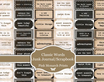 Classic Words, Happy Phrases, Junk Journal Supplies, Digital Words, Embellishments for Junk Journals, Printable Junk Journaling Words