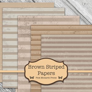 K&ouml;nnte beinhalten: Vier Bl&auml;tter braunes und wei&szlig; gestreiftes Papier mit einem abgenutzten Look. Das Papier ist mit "Brown Striped Papers" beschriftet, mit einem Schmetterlingslogo und dem Text "Pink Monarch Prints".