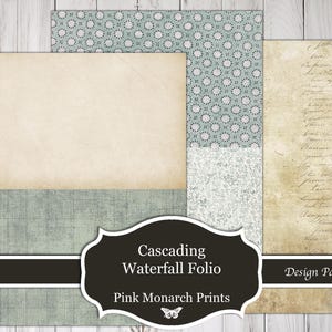 May include: A collection of decorative design papers featuring various patterns including a light blue floral print, a textured sage green surface, a plain beige parchment style, and a sheet with vintage cursive handwriting in black ink.
