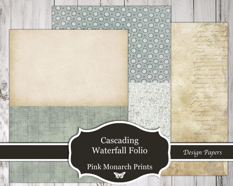 May include: A collection of decorative design papers featuring various patterns including a light blue floral print, a textured sage green surface, a plain beige parchment style, and a sheet with vintage cursive handwriting in black ink.
