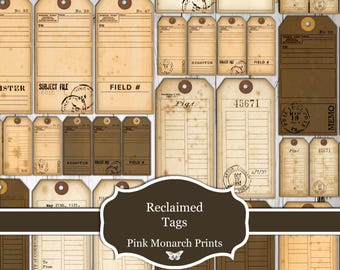 May include: A set of vintage-style printable tags with a brown and cream color scheme. The tags feature various text fields, including "Subject File", "Register", "Field #", "Memo", and "Fig. 1". The tags are perfect for adding a rustic touch to your crafts, gifts, or scrapbooking projects.