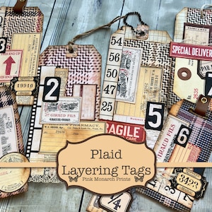 Tag di stratificazione plaid, forniture per diario spazzatura, oggetti effimeri vintage, effimeri per diario spazzatura, download digitale, diario spazzatura stampabile, tag vintage