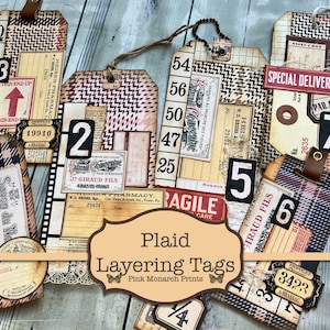 Plaid Layering Tags, Junk Journal Supplies, Vintage Ephemera, Junk Journal Ephemera, Digital Download, Junk Journal Printable, Vintage Tags