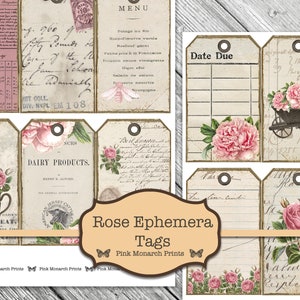 Shabby Chic Rose Tags, Junk Journal Kit, Junk Journaling Digitals, Printable Tags, Shabby Chic, Junk Journaling Tags, Floral Tags, Ephemera
