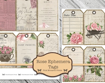 Shabby Chic Rose Tags, Junk Journal Kit, Junk Journaling Digitals, Printable Tags, Shabby Chic, Junk Journaling Tags, Floral Tags, Ephemera