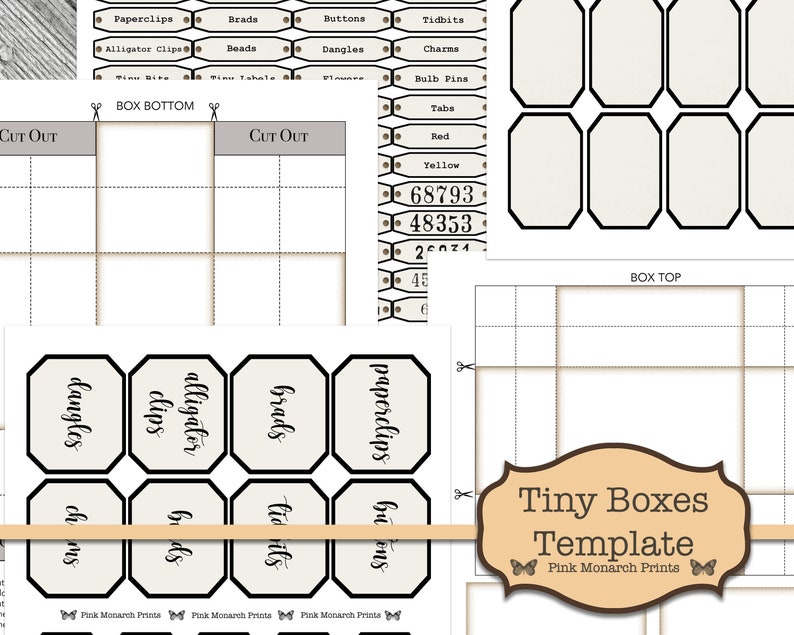 May include: Printable template for creating tiny boxes. The template includes a box top, box bottom, and labels for various items, such as paperclips, brads, buttons, tidbits, alligator clips, beads, dangles, charms, bulb pins, and tabs. The template is designed for use with a craft cutter.