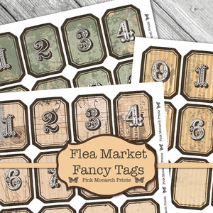 May include: Set of printable vintage-style number tags in brown, beige, and gold with black text. The tags are labeled "Flea Market Fancy Tags" and "Pink Monarch Prints".