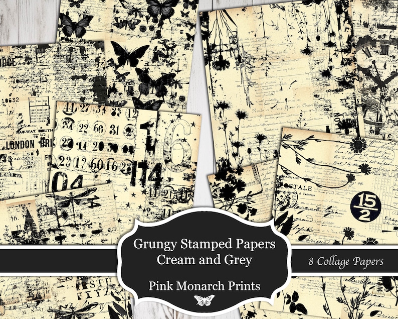 Grungy Stamped Papers, Cream and Black, Junk Journal Kit, Digital Junk ...