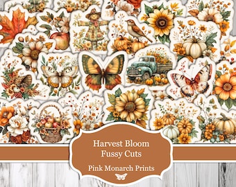 May include: A set of digital printable fussy cut images featuring a harvest theme with pumpkins, butterflies, sunflowers, and fall leaves. The images are perfect for scrapbooking, card making, and other craft projects. The text "Harvest Bloom Fussy Cuts Pink Monarch Prints" is included in the image.