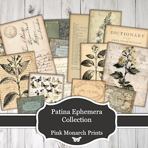 May include: A selection of vintage ephemera, including postcards, botanical illustrations, and dictionary pages. The items are in cream, beige, and sepia tones, with handwritten script and floral designs. The text "Patina Ephemera Collection" is displayed.