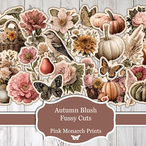 May include: A selection of autumn-themed paper cutouts, including pumpkins, flowers, butterflies, and a bird, in shades of pink, orange, and brown. The cutouts have a vintage style. The image includes the text "Autumn Blush Fussy Cuts" and "Pink Monarch Prints."