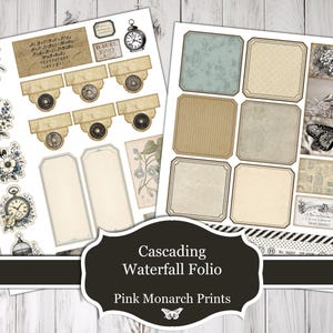 May include: A digital collage sheet featuring two pages of printable ephemera, including bird illustrations, vintage clock motifs, rectangular tags, square frames, and botanical elements, with the text Cascading Waterfall Folio Pink Monarch Prints.
