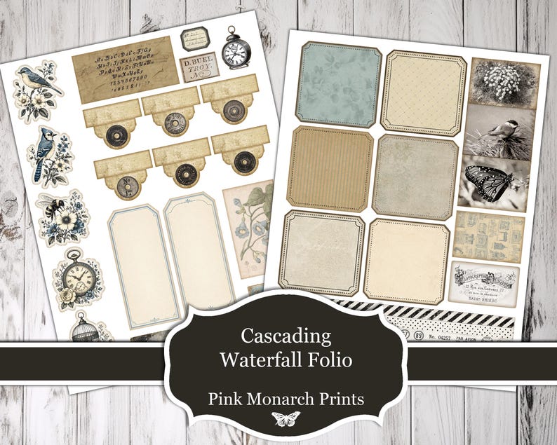 May include: A digital collage sheet featuring two pages of printable ephemera, including bird illustrations, vintage clock motifs, rectangular tags, square frames, and botanical elements, with the text Cascading Waterfall Folio Pink Monarch Prints.