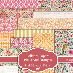 Folklorepapier, roze en sinaasappel, afdrukbaar papier, Digital Junk Journal, boho, boho, Junk Journal, Junk Journal Kit, Pink Monarch