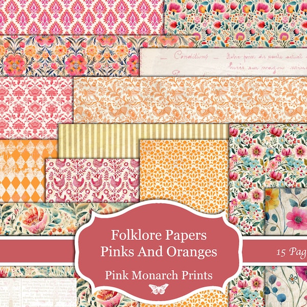 Folklore papieren, roze en sinaasappelen, afdrukbare papieren, digitale junk journal, boho, boho, junk journal, junk journal kit, pink monarch