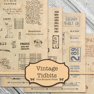 Vintage Tidbits, Junk Journal Kit, Junk Journaling Digitals, Collage, Digital Number Labels, Printable Tag, Printable Numbers, Stamped Paper