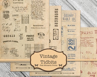 Vintage Tidbits, Junk Journal Kit, Junk Journaling Digitals, Collage, Digital Number Labels, Printable Tag, Printable Numbers, Stamped Paper