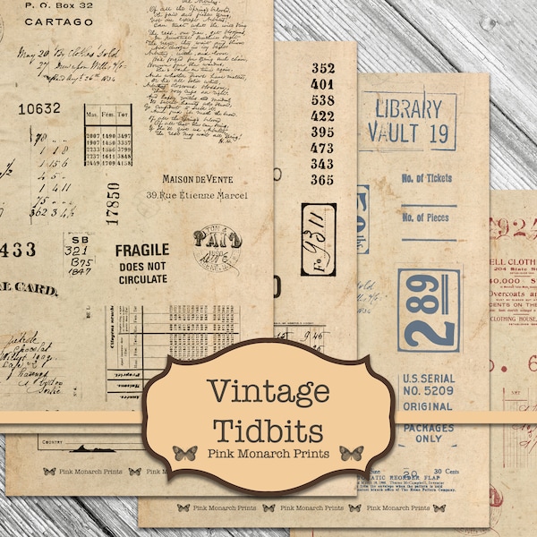 Vintage Tidbits, Junk Journal Kit, Junk Journaling Digitals, Collage, Digital Number Labels, Printable Tag, Printable Numbers, Stamped Paper