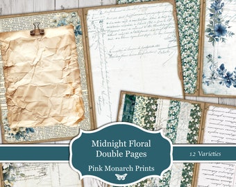 Double Pages, Midnight Floral, Botanical, Junk Journal Kit, Junk Journal, Junk Journaling, Digital Papers, Junk Journal, Digital Paper, 5x7