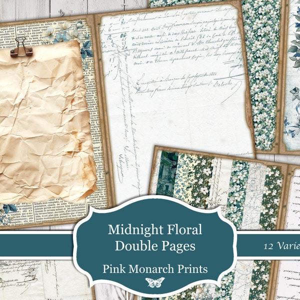 Double Pages, Midnight Floral, Botanical, Junk Journal Kit, Junk Journal, Junk Journaling, Digital Papers, Junk Journal, Digital Paper, 5x7