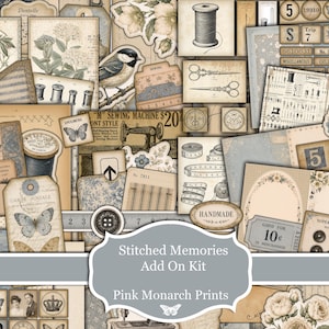 Puede incluir: Un kit de collage digital con efímeros de estilo vintage, que incluye ilustraciones botánicas, artículos de costura como carretes y tijeras, mariposas, sellos postales y etiquetas numeradas en tonos beige, azul y crema con superposiciones de texto.