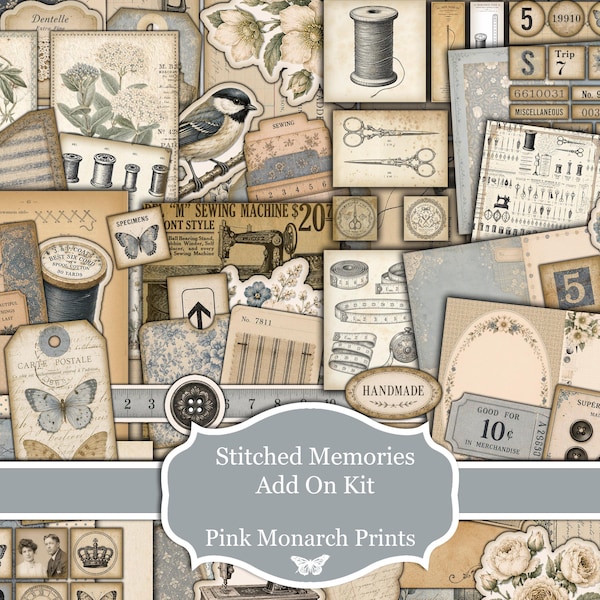 Stitched Memories Add On Kit,  Sewing Junk Journal Kit, 30 Pages, Printable, Scrapbooking (Digital Download)