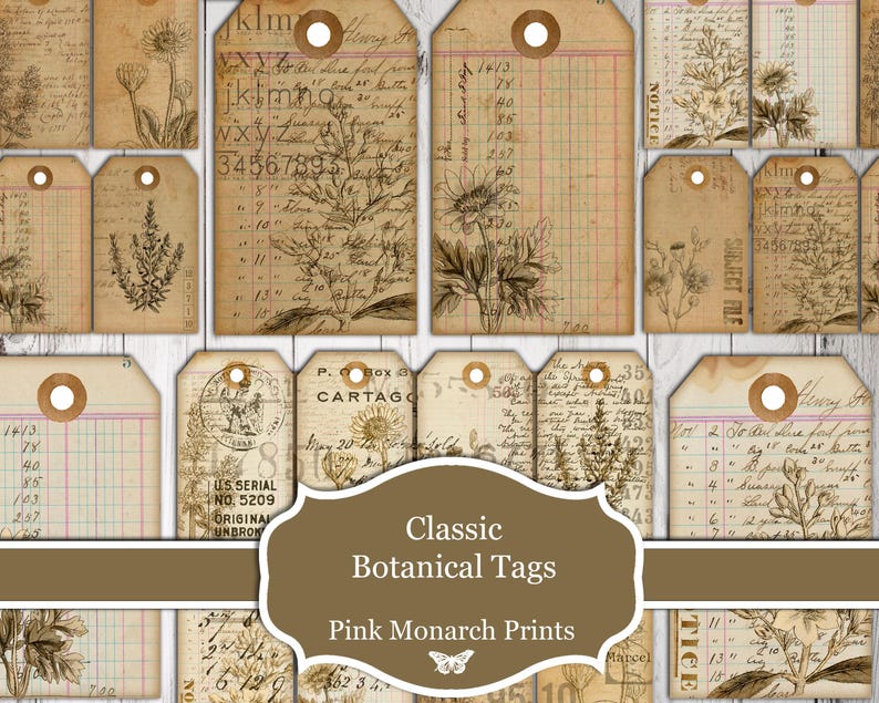 Classic Botanical Tags, Printable, Digital, Botanical Junk Journal ...