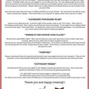 May include: A pink and white graphic with the text "Important Information" and "Before You Buy" in black text. The graphic includes information about purchasing digital files on Etsy, accessing purchased files, coupon codes, printing, and copyright terms. The graphic also includes the text "Thank you and happy creating!!" and a signature that says "Anna" with a butterfly graphic.