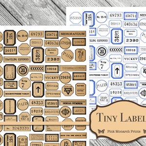 May include: A sheet of vintage-style labels with a variety of designs and text. The labels are in shades of brown, blue, and black. The labels feature text such as "Specimen", "Paid", "Trip", "Ticket", "Soldiers Mail", and "Traveling Expenses".