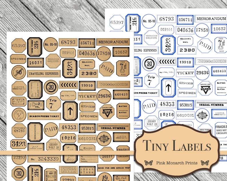 May include: A sheet of vintage-style labels with a variety of designs and text. The labels are in shades of brown, blue, and black. The labels feature text such as "Specimen", "Paid", "Trip", "Ticket", "Soldiers Mail", and "Traveling Expenses".