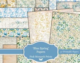 Blue Spring Papers, Printable Papers, Digital Junk Journal, Spring Junk Journal, Junk Journal Kit, Blue, Easter, Springtime, Vintage, Paper