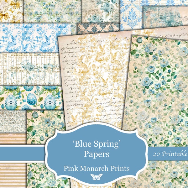 Blue Spring Papers, Printable Papers, Digital Junk Journal, Spring Junk Journal, Junk Journal Kit, Blue Easter, Springtime, Vintage, Paper