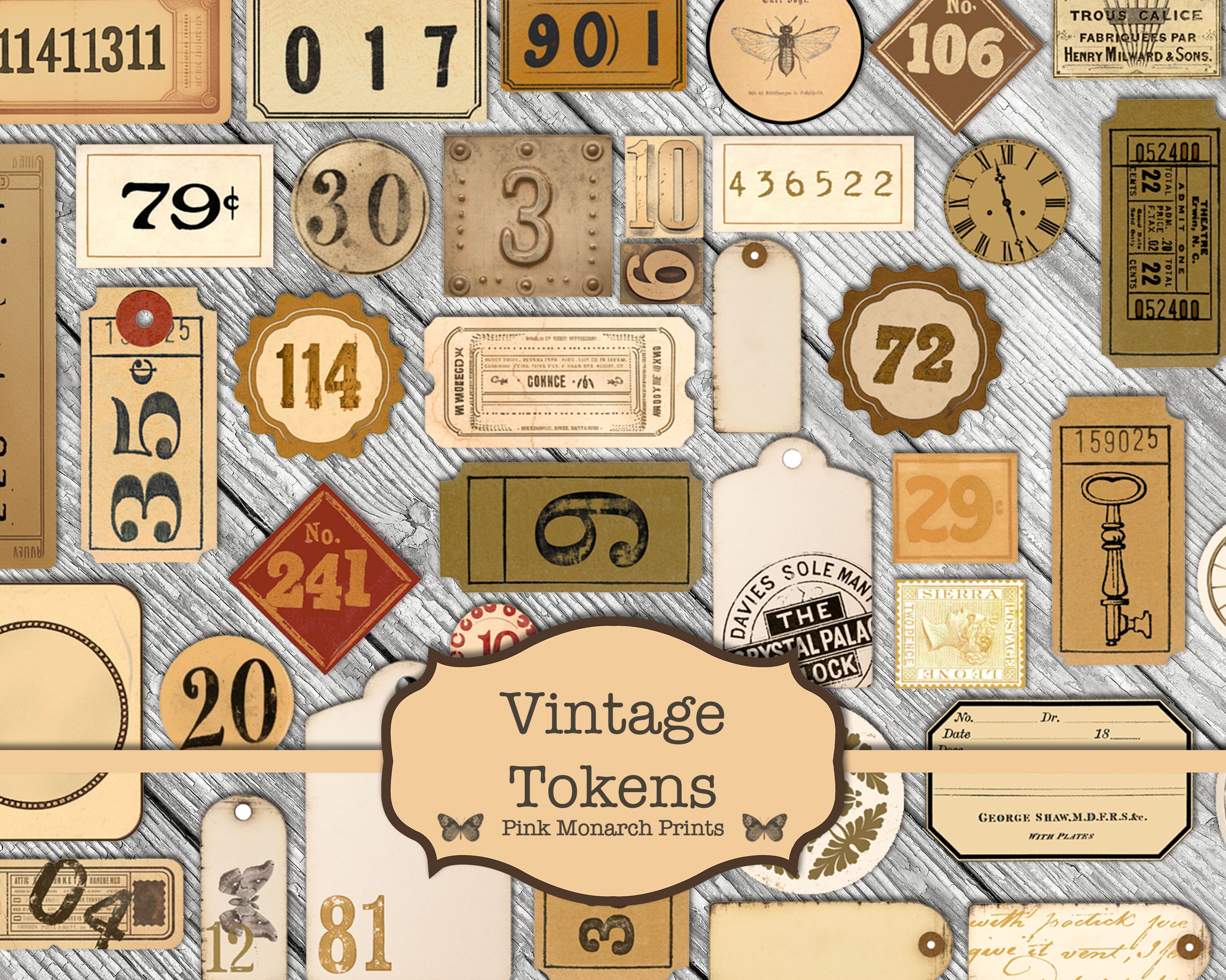Journaling Number Vintage Tokens, Junk Journaling Labels, Words for Junk Journals, Junk ...
