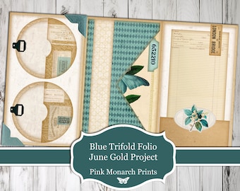 Blue Trifold Folio, GOLD project June 2024, Folio, Digital Product, Junk Journal Folio, Junk Journal, Junk Journal Supplies, Template