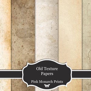 Könnte beinhalten: Eine Sammlung alter Texturpapiere in verschiedenen Beige-, Braun- und Cremetönen. Die Papiere weisen gealterte und abgenutzte Erscheinungen auf, mit sichtbaren Flecken und Unvollkommenheiten. Das Bild enthält ein schwarzes Banner mit dem Text "Old Texture Papers" und "Pink Monarch Prints".
