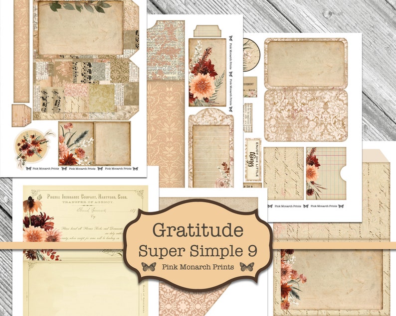 May include: A set of printable digital papers with a vintage aesthetic. The papers feature a variety of designs, including floral patterns, handwritten text, and a damask pattern. The papers are perfect for scrapbooking, card making, and other paper crafts.