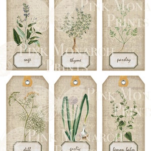 May include: Six vintage-style gift tags with illustrations of herbs and spices. The tags are beige with brown text and feature the names of the herbs: sage, thyme, parsley, dill, garlic, and lemon balm.