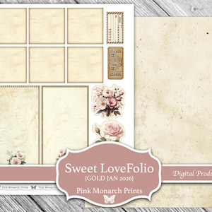Puede incluir: Un producto digital con elementos ef&iacute;meros de estilo vintage. Incluye p&aacute;ginas de diario, etiquetas y adornos florales en tonos crema y beige. El texto "Sweet LoveFolio" y "Digital Product" es visible.