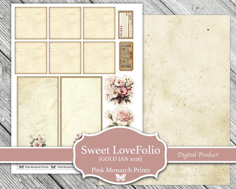 Puede incluir: Un producto digital con elementos ef&iacute;meros de estilo vintage. Incluye p&aacute;ginas de diario, etiquetas y adornos florales en tonos crema y beige. El texto "Sweet LoveFolio" y "Digital Product" es visible.