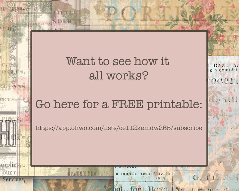 May include: A pink rectangle with white text that says "Want to see how it all works? Go here for a FREE printable: https://app.ohwo.com/lists/cell2kemdw265/subscribe". The rectangle is on a background of floral patterned paper.