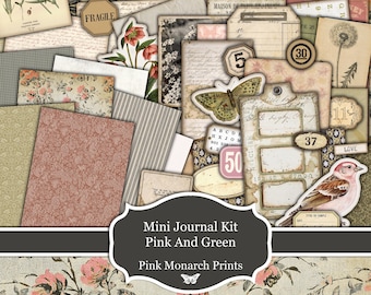 Mini Journal Kit Pink And Green, Monthly Kit Club Freebie, Printable Junk Journal Scrapbook Kit, Digital Download