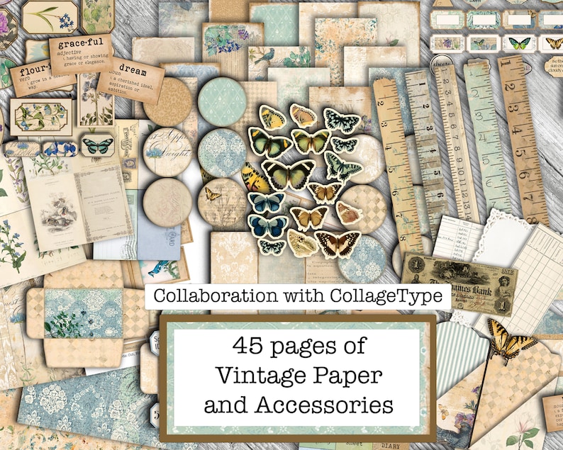 May include: A digital collage sheet with 45 pages of vintage paper and accessories. The sheet features a variety of designs, including butterflies, flowers, and text. The sheet is perfect for scrapbooking, card making, and other paper crafts.