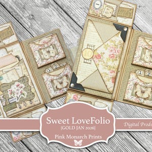 Puede incluir: Varios folios de papel abiertos con estampados florales y de mariposas. Los folios tienen bolsillos, etiquetas y sobres. El texto "Sweet LoveFolio" y "Pink Monarch Prints" es visible. Los folios están dispuestos sobre una superficie de madera clara.